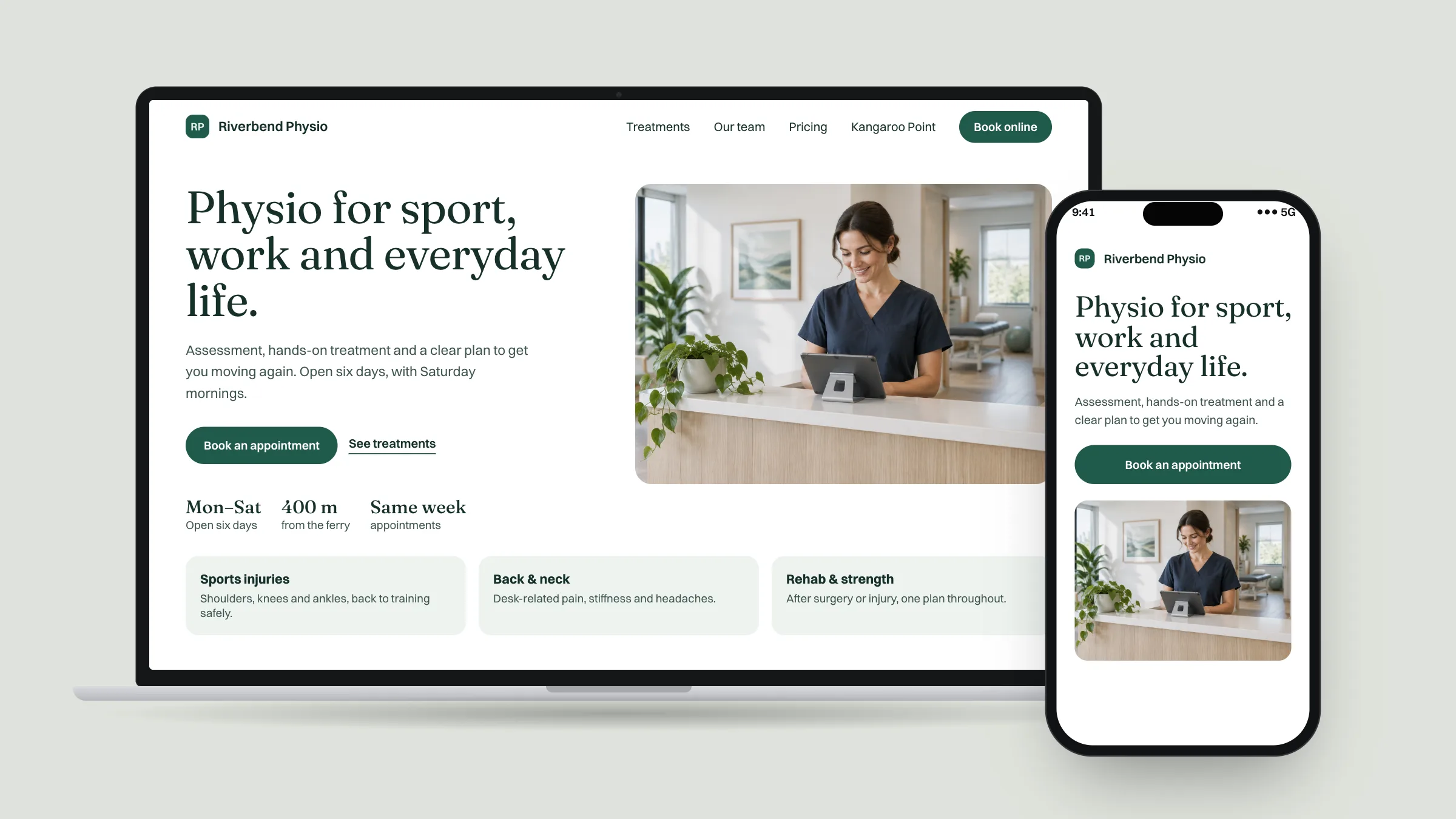 Example website design for a physiotherapy clinic, shown on a laptop and a phone